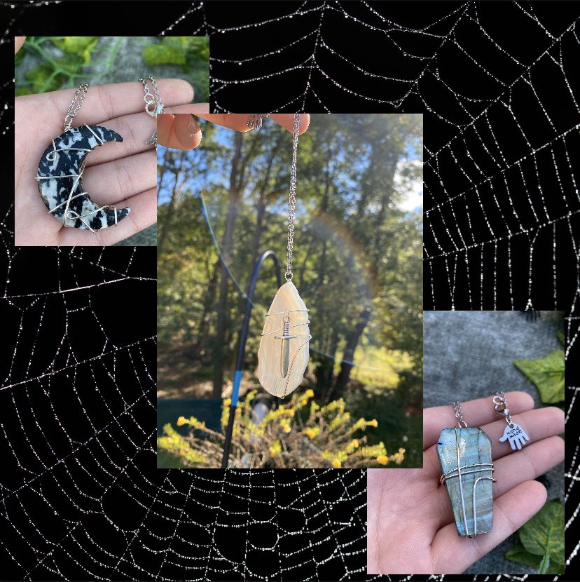  Spooky crystal necklaces - Every order always come with a bag of lavender, quartz point, plantable seed paper & more - 10% donated - Shipping is around $4 - RT to help them find homes please & DM to order 