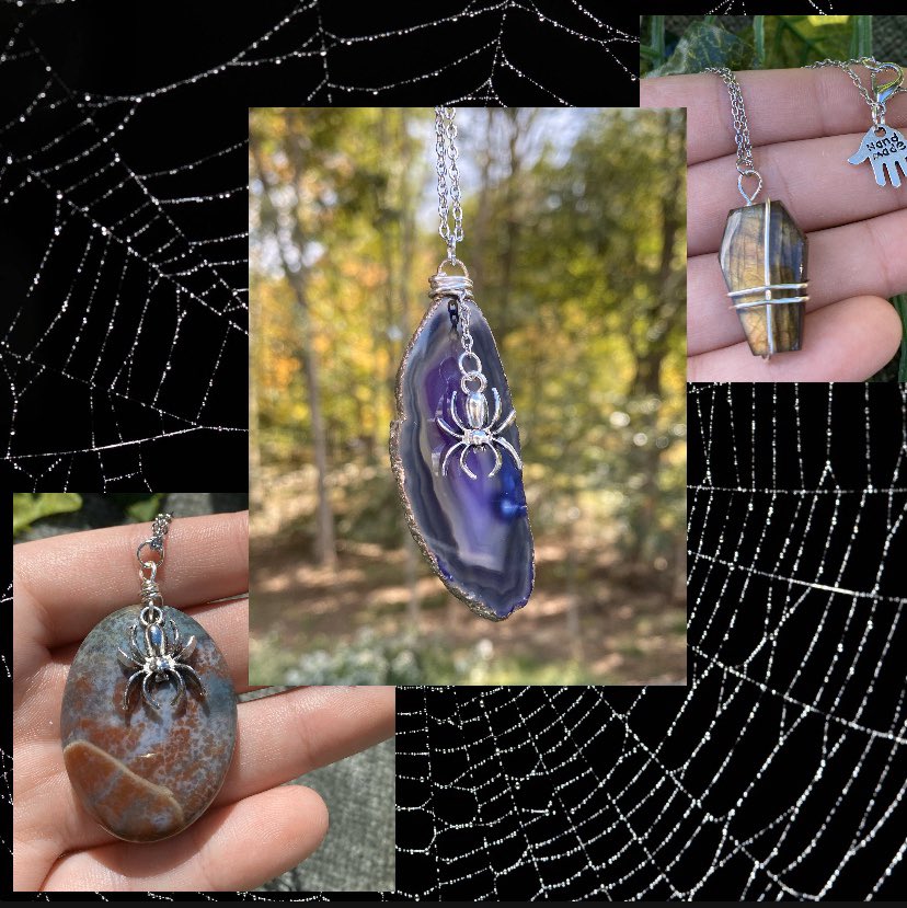  Spooky crystal necklaces - Every order always come with a bag of lavender, quartz point, plantable seed paper & more - 10% donated - Shipping is around $4 - RT to help them find homes please & DM to order 