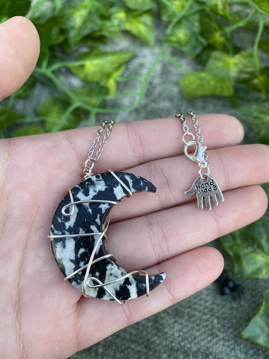 Silver plated zebra jasper moon necklace  $20.22, DM to order (Silver stainless steel is 16.5”)