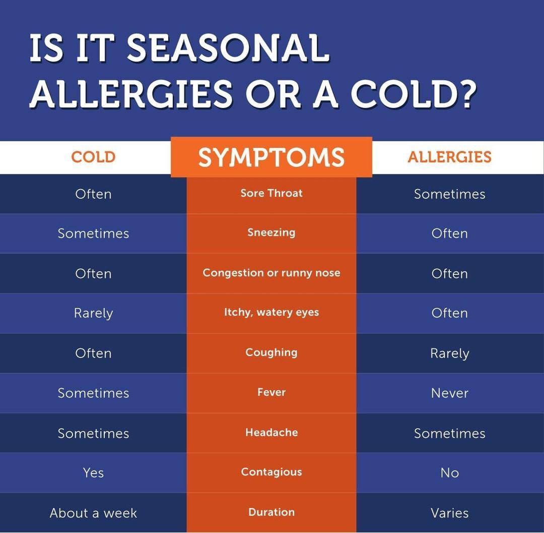TheAllergyGroup's tweet photo. Here is a chart to determine the difference between the symptoms of a cold and allergies. https://t.co/AfCKETfza1