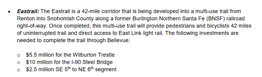 DT4People's tweet photo. Even more frustrating is how there are still unfunded parts of Eastrail that aren't expected to open until *after 2026*! 

The cost to fill in the gaps? Just $18 million. https://t.co/P8EtR6Ep62
