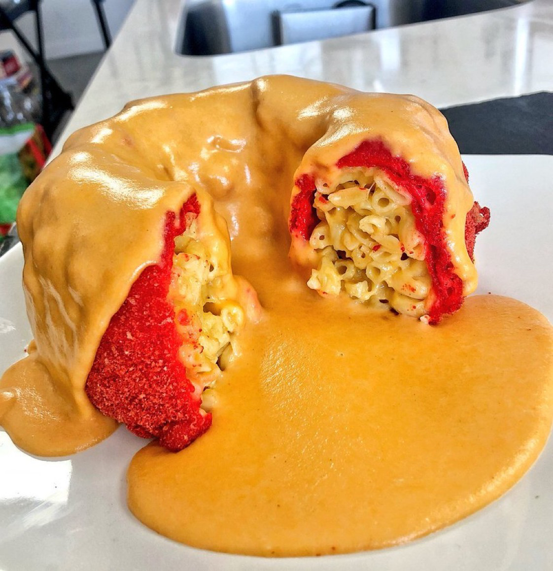 hot cheeto and cheese bundt cake vs. waffles and pasta sauce