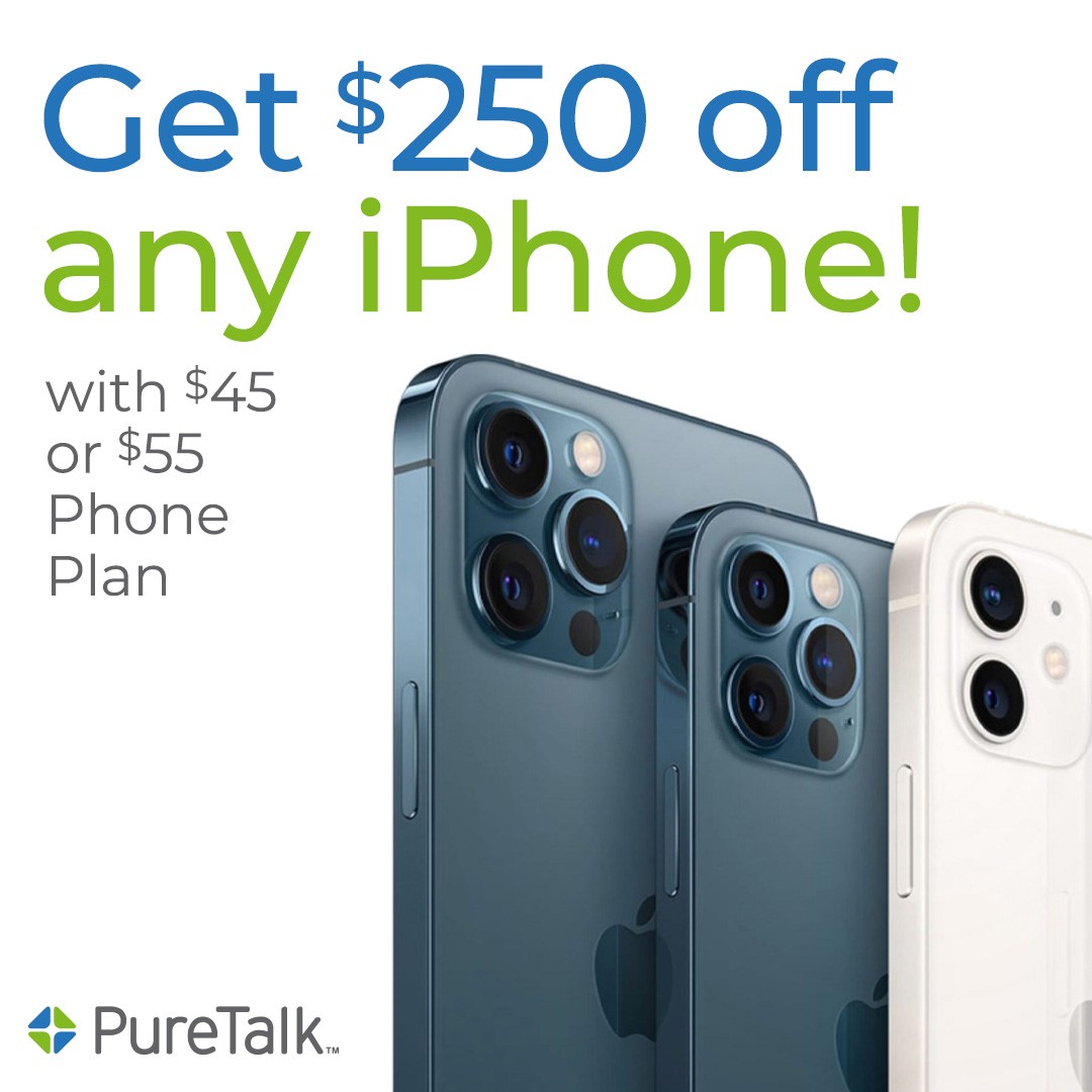 Don't miss out on our $250 off ANY iPhone deal. This limited-time offer is available with the purchase of our $45 or $55 plan. Get your new iPhone today! Details: ow.ly/5H2Y50C0H8K #iphone12 #iphone12pro #livinthepurelife #smarterwireless #smartphones #iphonedeals