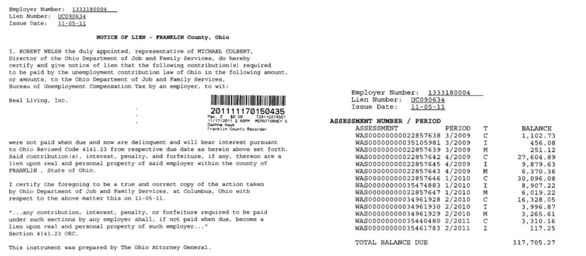 A $117,705.27 BES lien was filed againt Real Living, Inc in 2011