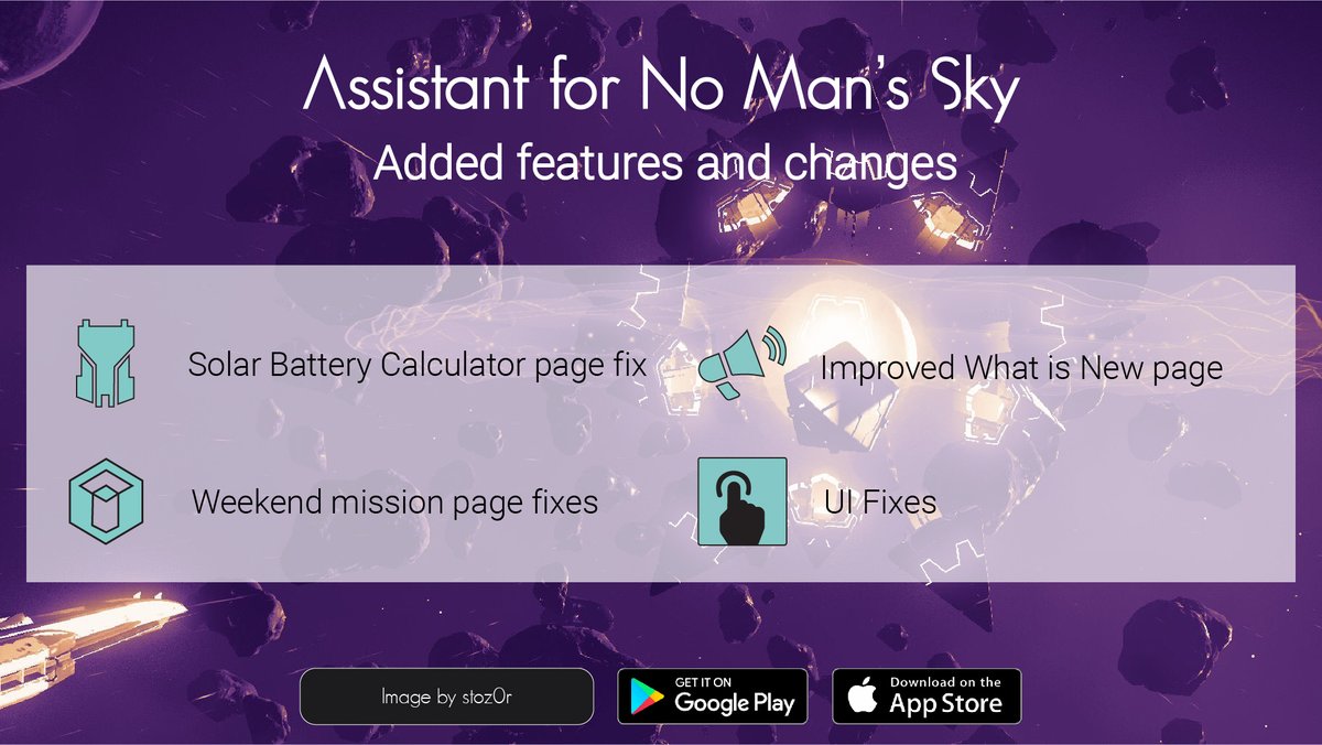 AssistantNMS's tweet photo. Assistant for NMS - 1.60 Update 🥳🎉
#NoMansSky #Origins #NMSAssistant #AssistantNMS #App #Android #IOS #NoMansSky #Desolation #NMSAssistant #AssistantNMS #App #Android #IOS
- Image created by LionessLilo and background by stoz0r. https://t.co/9iYuCzK1g0