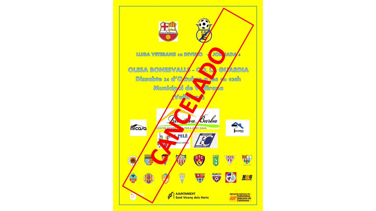 Por segunda semana consecutiva se cancela la jornada de #Veteranos. El partido: Olesa de Bonesvalls vs <a href="/cdlaguardia/">C.D. La Guardia</a>  queda como empate a cero, así como todos los demás encuentros de la Jornada 4.

#futbolcat #futbolsvh #futbolveteranscatalunya