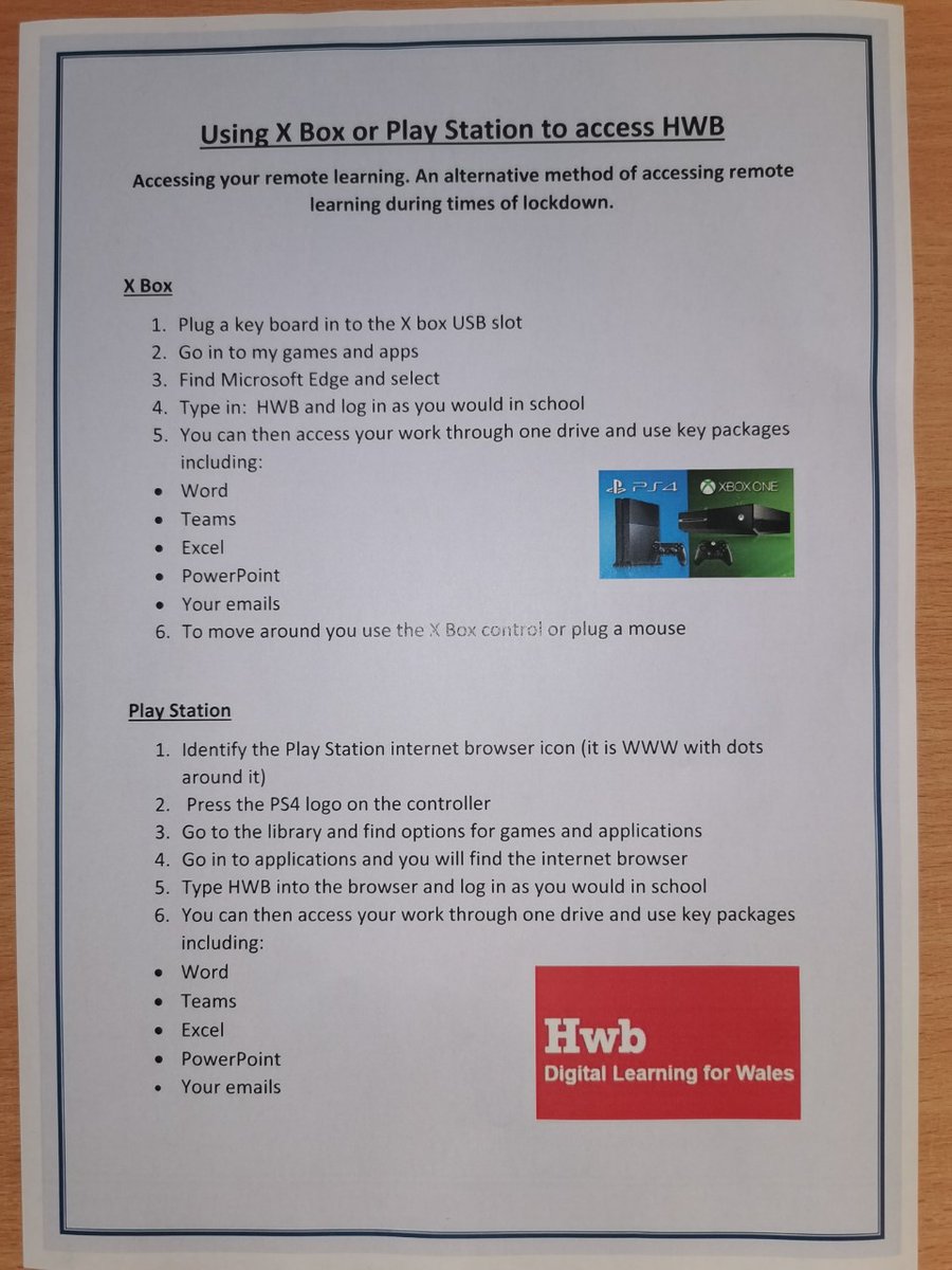 WILLIAM SHOWS A WAY TO ACCESS HWB WITHOUT A LAPTOP AHEAD OF REMOTE LEARNING.
Should a pupil not have access to a laptop at home, there is an alternative. William drew up step-by-step instructions helping pupils use HWB through a PS4 or and XBOX.  Well done!