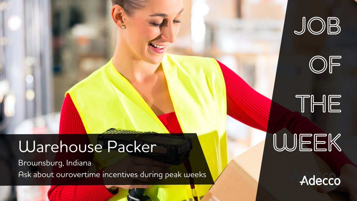 AdeccoUSA's tweet photo. #JOBOFTHEWEEK 

We have a ton of openings for Warehouse Packers in #Brownsburg, #Indiana! If you're looking for work in this area - and like being paid WEEKLY, overtime, access to bonuses #APPLY right now: https://t.co/XKihsq54bw

#WeAreHiring #AllWeNeedIsYou #ApplyToday #Hiring https://t.co/P4I3tPhfYw