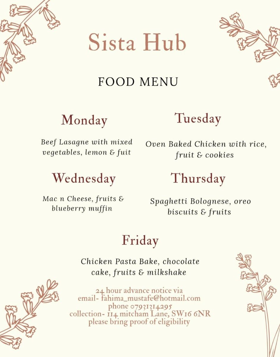 Sista Hub, Streatham, London is standing with <a href="/MarcusRashford/">MR14</a>. Collection is between 12 and 3pm. Menu is on their insta - details below 👇

Contact ahead with how many meals you need. (Local heroes!).

#ENDCHILDFOODPOVERTY