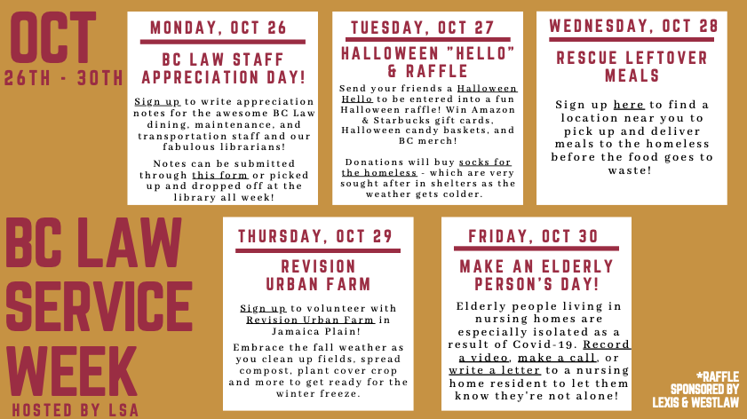 BCLSA's tweet photo. LSA is excited to announce that we're hosting our annual Fall Community Service Week from Monday, October 26 - Friday, October 30. A range of virtual and in-person service opportunities will be offered throughout the week, check in next week for details on how to get involved https://t.co/rW6RWa6VnY