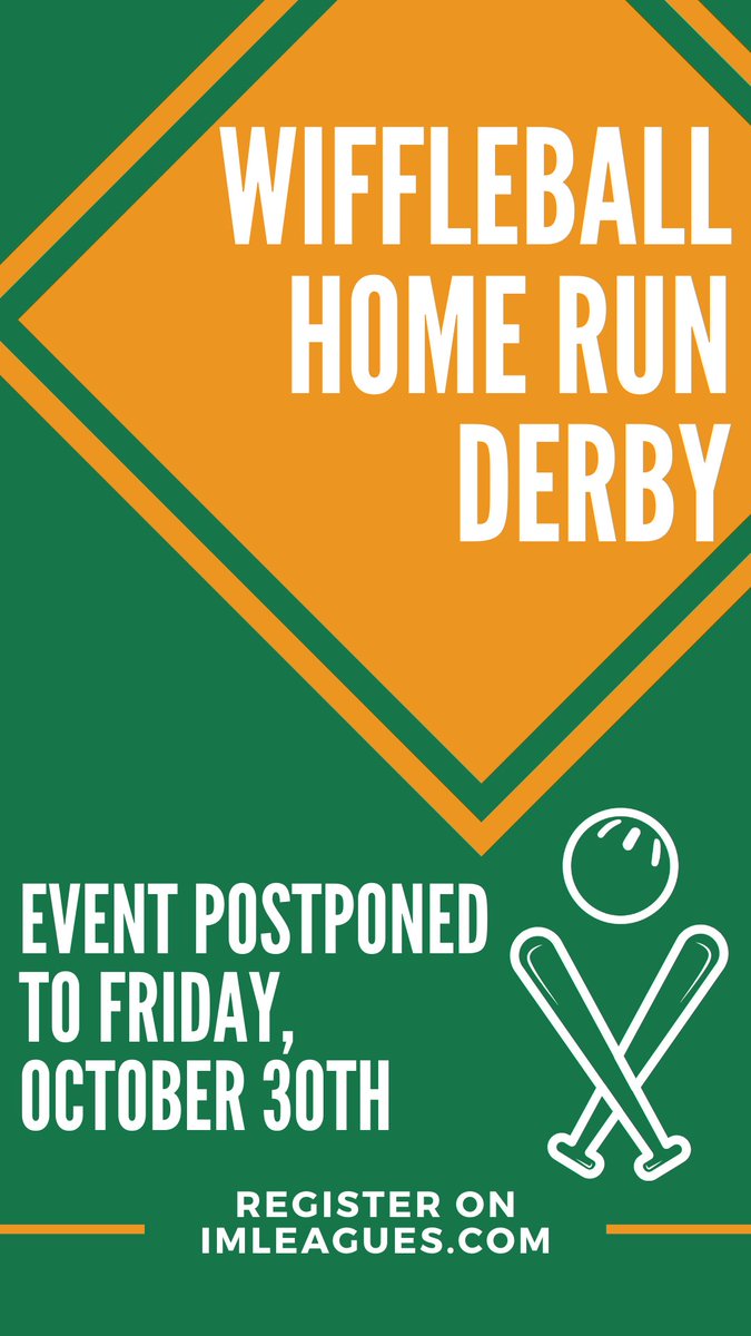 suintramural's tweet photo. Wiffleball Home Run Derby has been POSTPONED to next Friday, October 30th. Deadline to register will also be extended to the 30th, so there's still time to sign up!

Divisions offered: Men's &amp; Women's

Register at: https://t.co/CoBMNO2Lxm https://t.co/4oLBVAJfnP