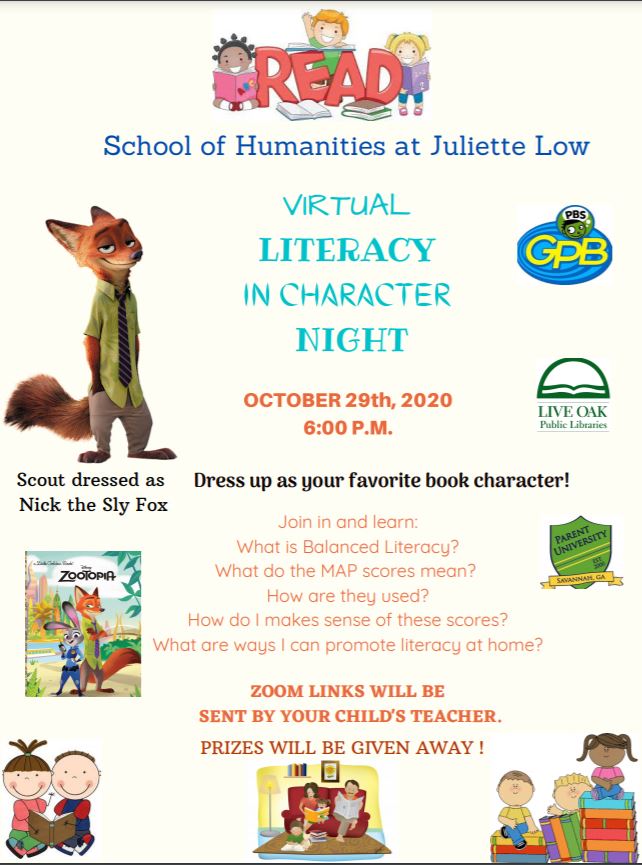Join us for our Virtual Literacy Night!
Dress up as your favorite book character.
Zoom in to learn and have fun!
Prizes will be presented!