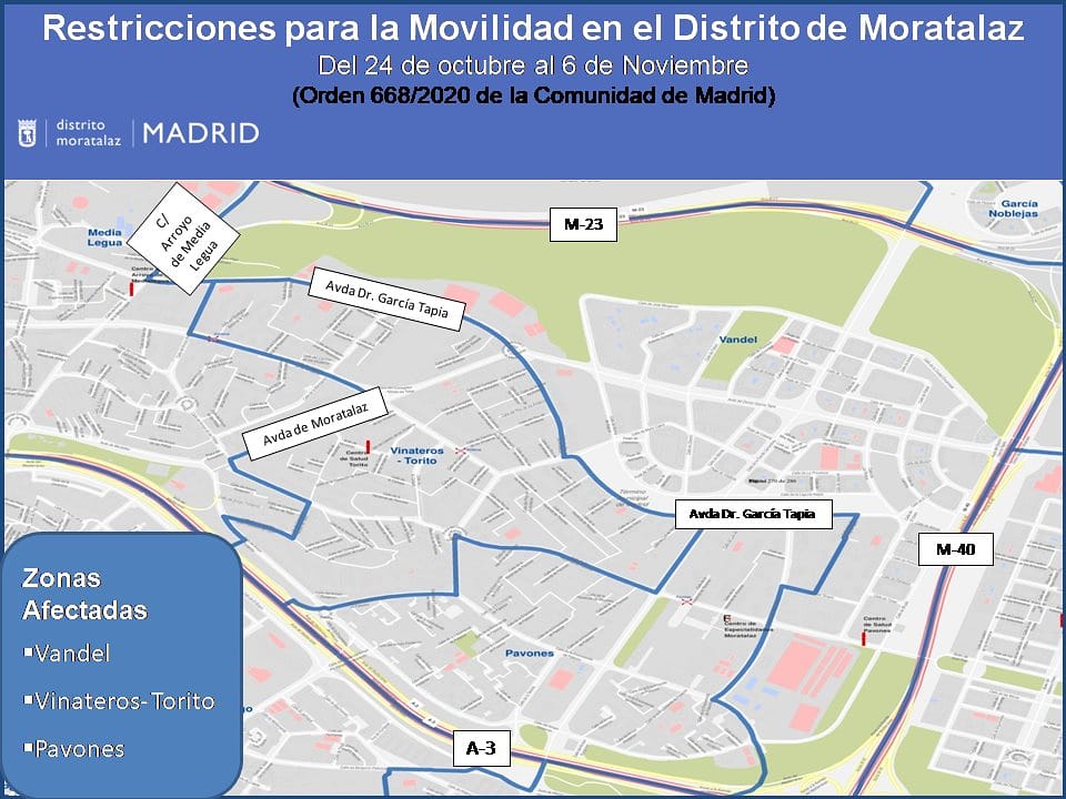 Estas son las tres zonas básicas de salud de #Moratalaz afectadas por las restricciones de movilidad anunciadas hoy por la Comunidad de Madrid y que entrarán en vigor el próximo lunes. Se desaconsejan los desplazamientos y actividades no imprescindibles...