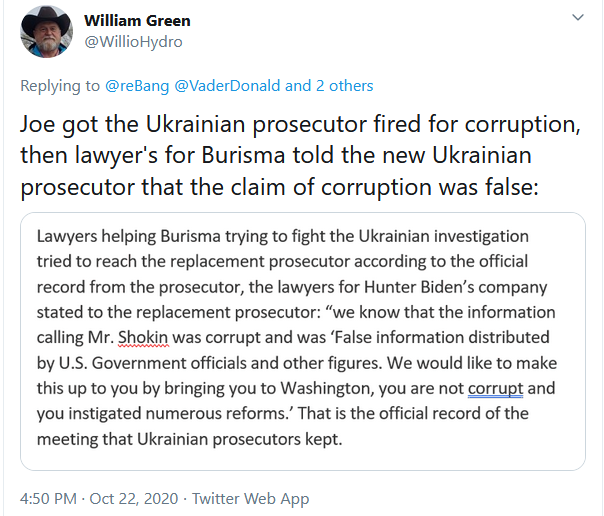 reBang's tweet photo. I asked @WillioHydro to "share the smoking gun" proving VP @JoeBiden acted in the interests of Hunter's "benefactors", #Burisma. 

This #BurismaGate thread covers what I learned.

It's a lot of info.

I hope #PatriotsUnited4DonaldTrump read all of it.

#MAGA https://t.co/kLHFubmxtQ