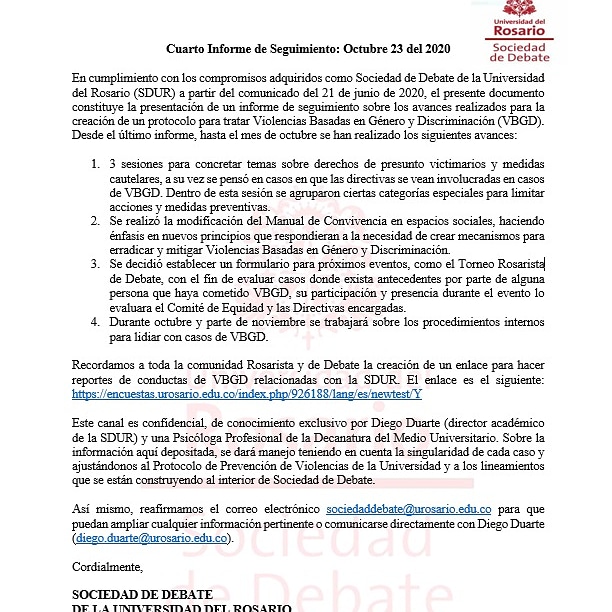Cuarto Informe de seguimiento sobre los avances realizados para la creación de un protocolo para tratar Violencias Basadas en Género y Discriminación (VBGD). Octubre 23 de 2020.