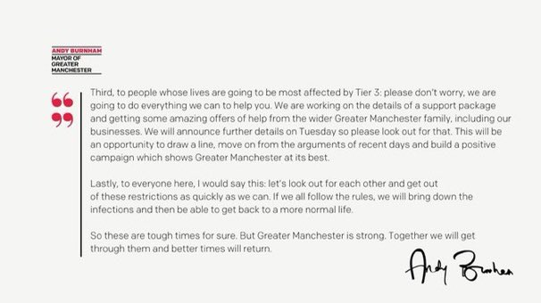 At the end of a tough week for us all, and as we enter Tier 3, I wanted to send my own personal message to everyone in Greater Manchester. 👇