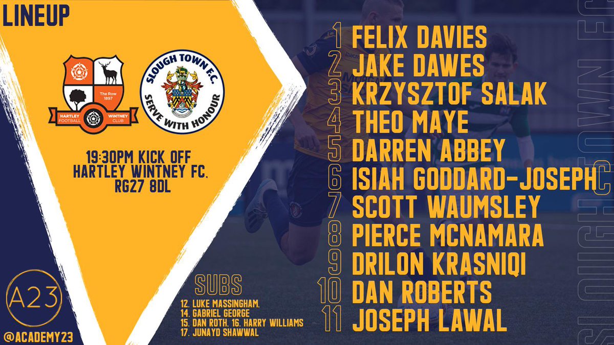 Tonight’s lineup for <a href="/sloughtownfc/">Slough Town FC</a> U23 vs <a href="/HartleyFC/">Hartley Wintney FC</a> U23 (Away) in the <a href="/suburban_league/">Official Suburban Football League</a> League Cup