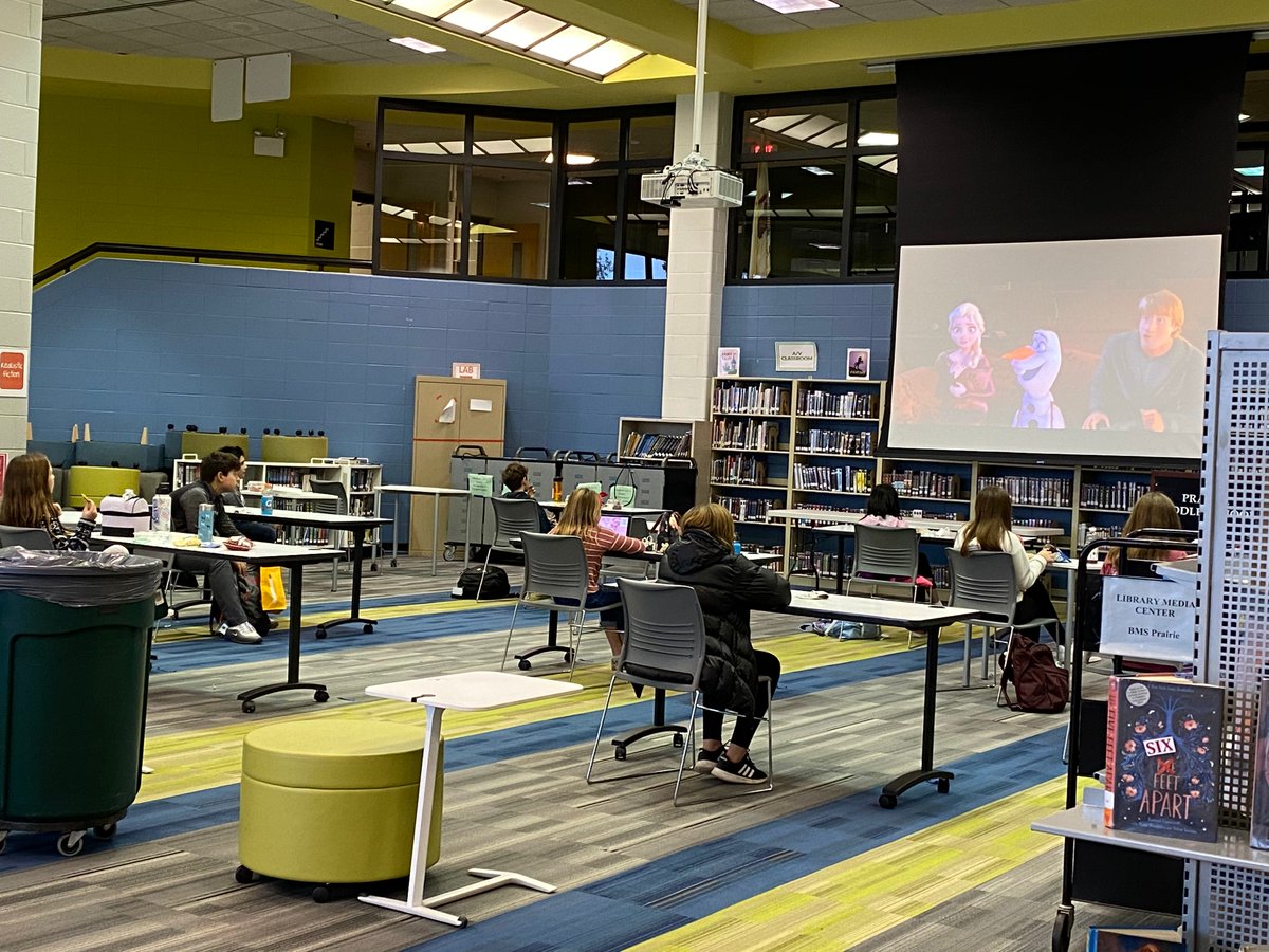 PrairieLMC's tweet photo. Friday Movie Day in the LMC during our COVID-friendly lunch with 6th Graders. Today's showing: "Frozen 2" https://t.co/5YNgdynO5j