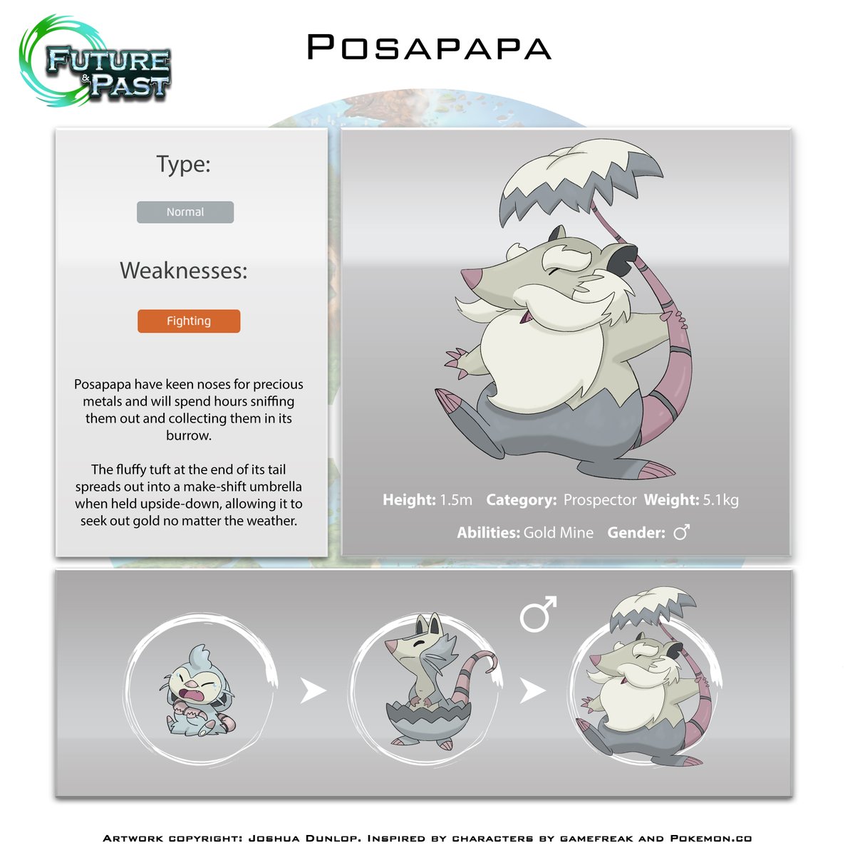 TheEquasRegion's tweet photo. Well, you asked for it, so here we are, the Prospecting Pokemon Pasapapa! Originally I was going to only have Posumbrela evolve when female, but so many people wanted Posapapa I decided to change my mind! I hope you like it! :D

#Pokemon #Fakemon #Equas #Possum https://t.co/BOiHviR328