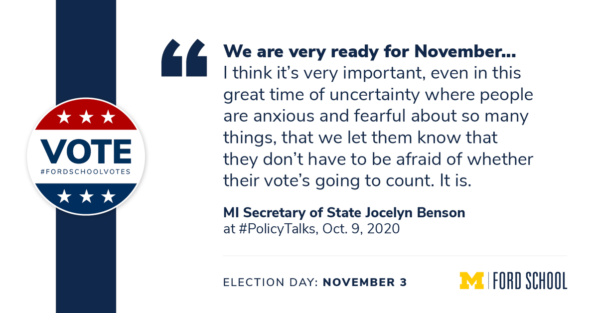 fordschool's tweet photo. Michigan Secretary of State @JocelynBenson on anxiety and fear surrounding the upcoming November 3rd election. #PolicyTalks #SpeakActVoteUM (2/8)
Watch the full event: https://t.co/OKpzZDQj8L. https://t.co/yGbt2q81iB