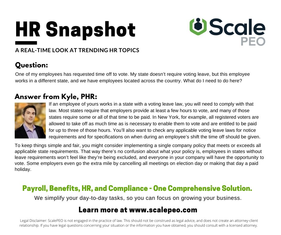 Scale_PEO's tweet image. 🇺🇸 Employers, if you aren't already familiar with your state's voting leave laws then now is the time to do your research or get some guidance from a certified HR Pro. #votingleave #hr #vote
