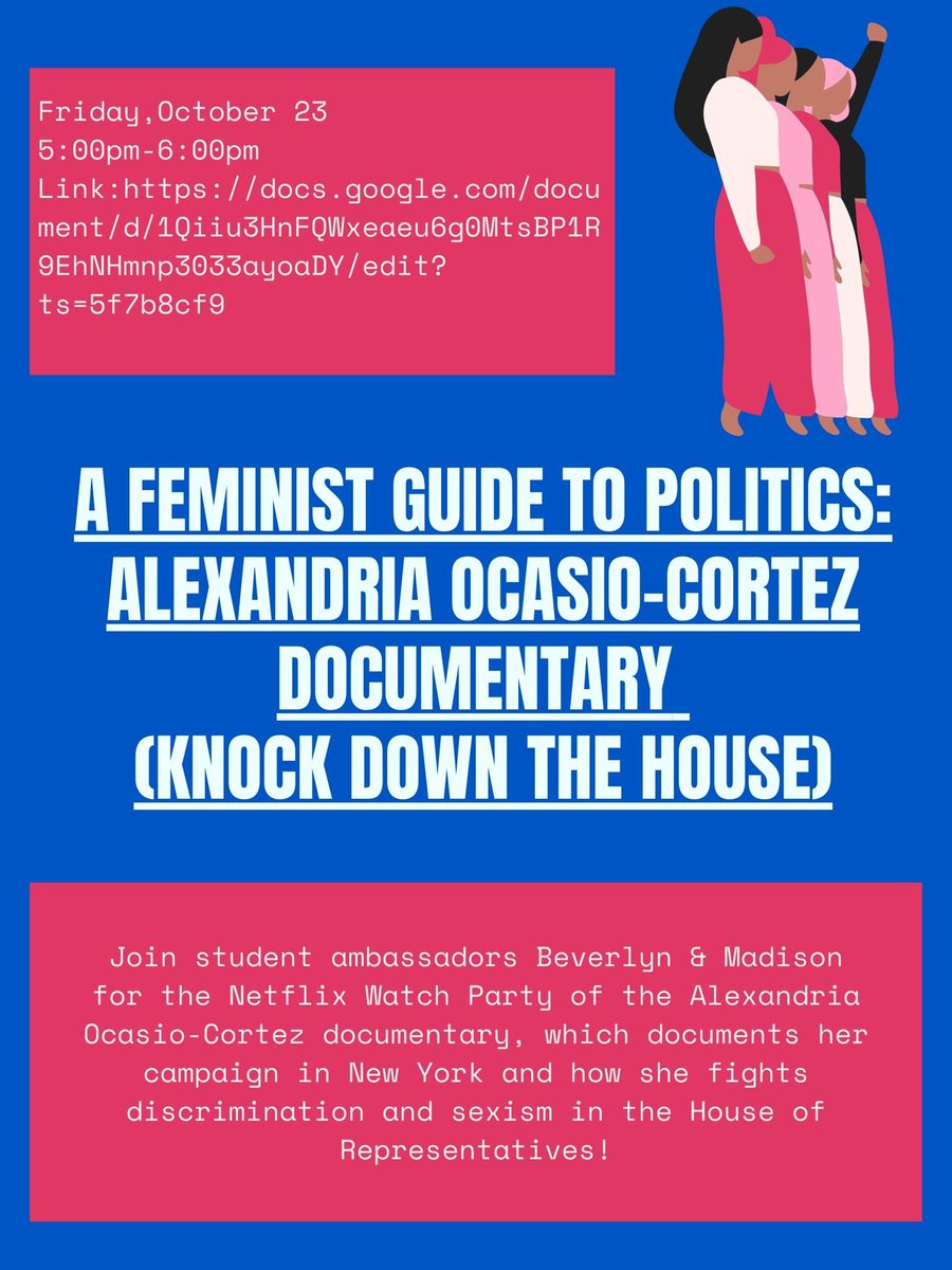ACE Scholars! Join ACE Student Ambassadors Beverlyn and Madison for a Netflix Watch Party TONIGHT at 5:00pm, where they’ll be showing the Alexandria Ocasio-Cortez documentary “Knock Down the House”! You don’t want to miss this! 🇺🇸