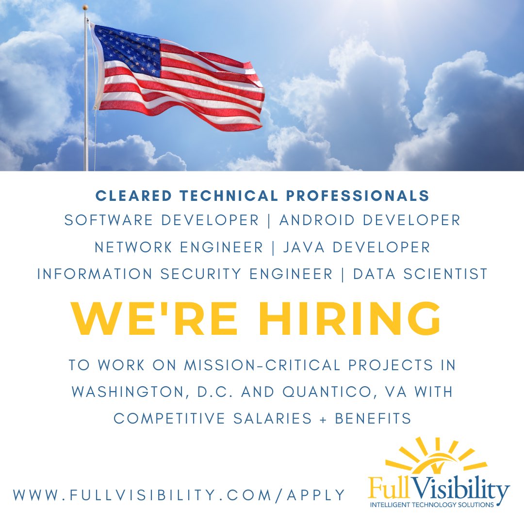 FullVisibility's tweet photo. Join our team by checking out our current openings on our website: https://t.co/9Vxu9LqaLt ⁣
⁣
#dchiring #quantico #clearancejobs https://t.co/3l0RDm9cws