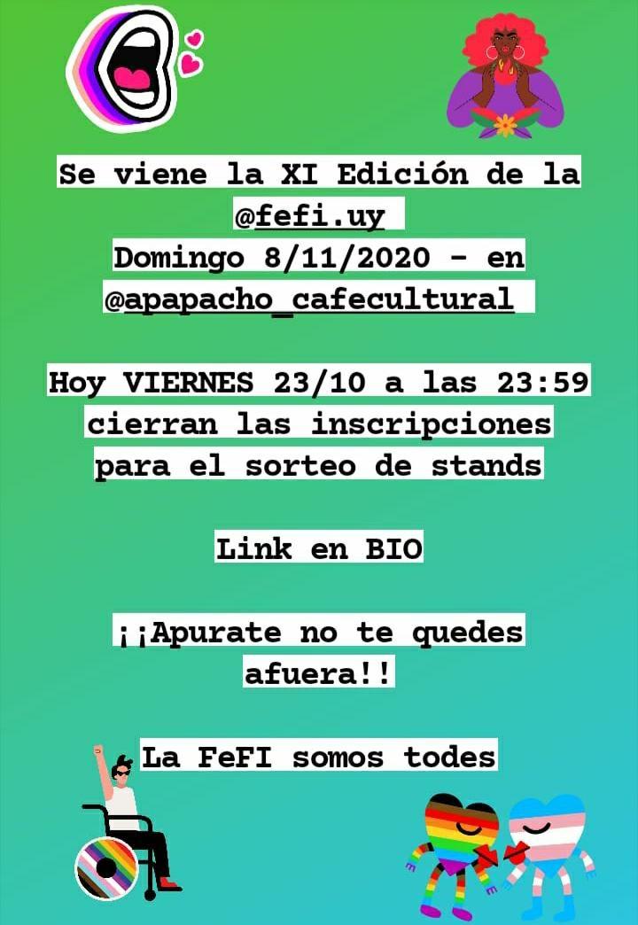 fefi_uruguay's tweet photo. FeFI Edición XI
Apapacho Café Cultural
Carlos Roxlo 1629
Domingo 8/11/2020 de 12 a 20 hs. https://t.co/kpUWJqniYl