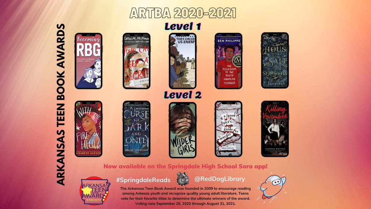 RedDogLibrary's tweet photo. The Arkansas Teen Book Award nominees are out & you can read them all on the Sora app! Download the app, read the books, then vote for your favorite. Print copies are available in the SHS Library. #ARTBA #SpringdaleReads @Sorareadingapp https://t.co/YBGHRDVVEN