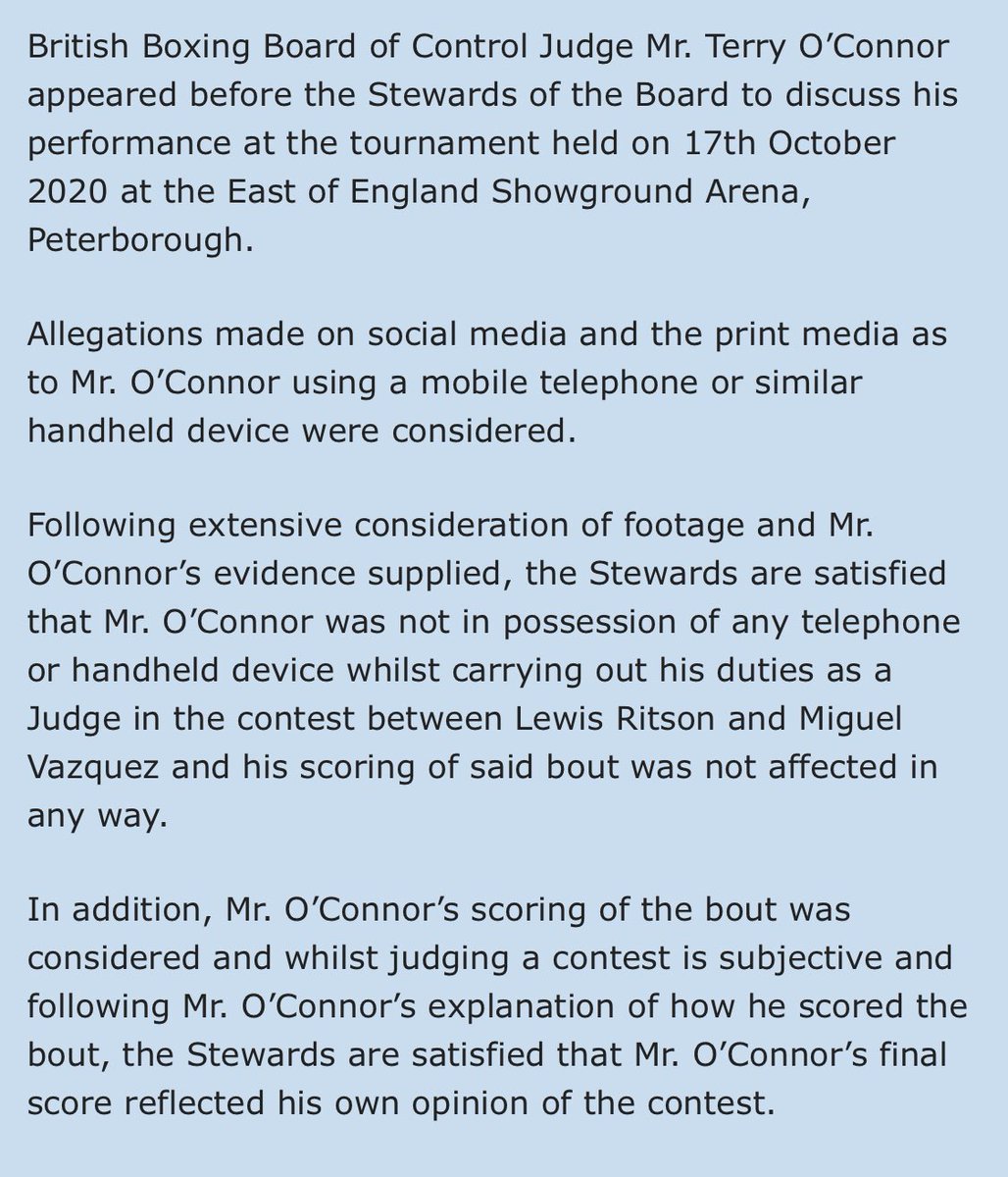 The BBBofC ruled that Terry O’Connor was not in possession of a phone or handheld device after a picture of him not watching the Lewis Ritson vs. Miguel Vazquez fight holding something surfaced on social media. BBBofC said it was satisfied with O’Connor’s judging and reasoning. https://t.co/C8oy2umMAc