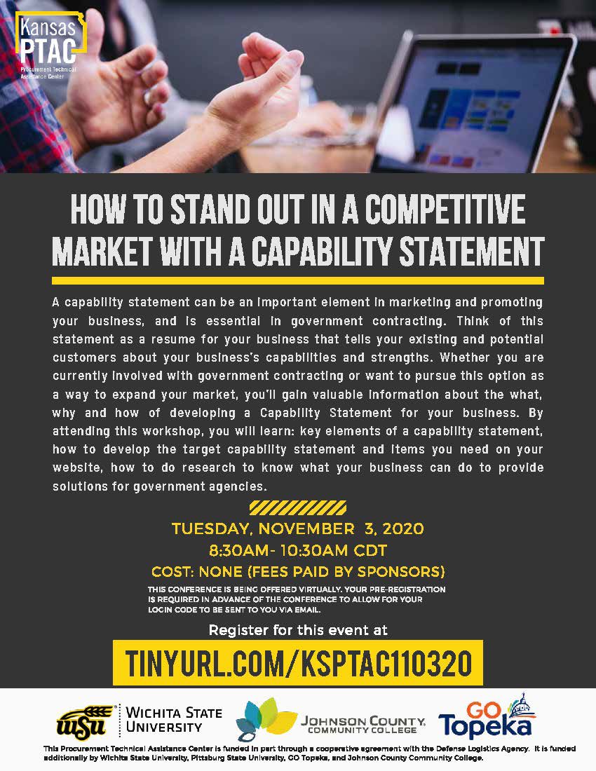 Our next workshop will help you stand out with a capability statement! Be sure to get register! ➡️ tinyurl.com/ksptac110320 ⬅️ #KSPTAC #Kansas #SmallBiz #smallbusinessowner #GovCon #Workshop