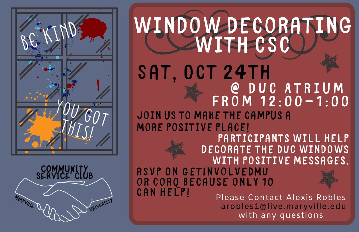 Check out our two amazing events this Saturday! We have Campus Clean Up with CSC and swipe for Window Decoration with CSC to follow!! There are a limited 10 spots to participate for both so RSVP on GetInvolvedMU or Corq and help make our campus clean and positive!!