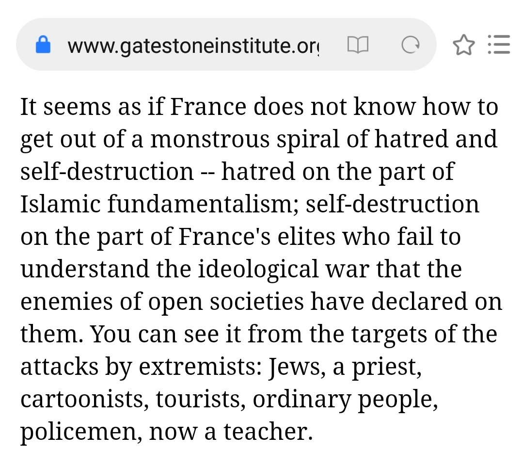 -hatred on the part of Islamic fundamentalism;self-destruction on the part of France's elites who fail to understand the ideological war that the enemies of open societies have declared on them.You can see it from the targets of the attacks by extremists:.