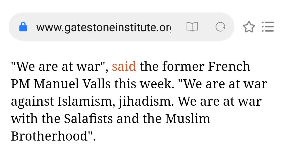 "We are at war",We are at war against Islamism, jihadism. We are at war with the Salafists and the Muslim Brotherhood".said the former French PM Manuel Valls this week. https://www.lci.fr/police/en-direct-assassinat-de-samuel-paty-attentat-conflans-le-pere-a-l-origine-de-la-mobilisation-en-detention-provisoire-2167502.html.