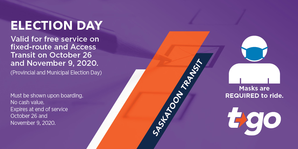 stoontransit's tweet photo. Hey #yxe! We're offering FREE service on Monday, Oct 26 &amp; Nov 9 so you can get to your polling station &amp; VOTE. All you have to do is show this pass to the operator. This pass is valid all day on Oct 26 &amp; Nov 9, on Access &amp; fixed route transit. Please share! https://t.co/6iU1udZ1rz