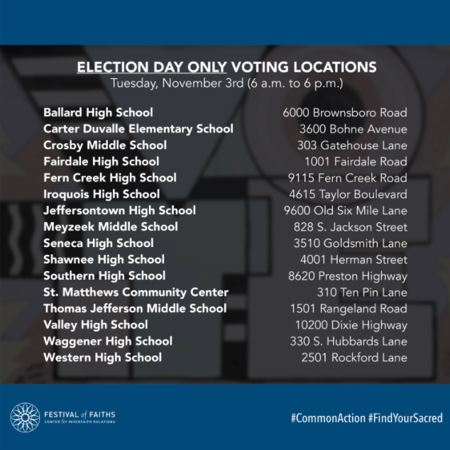 festoffaiths's tweet photo. This week’s #CommonAction highlights the importance of voting early! This will help alleviate long lines and safeguard you, fellow voters and poll workers by minimizing the risk of coronavirus exposure. See images for details on voting early in Louisville. #FindYourSacred #vote https://t.co/yPRg2G1qbC