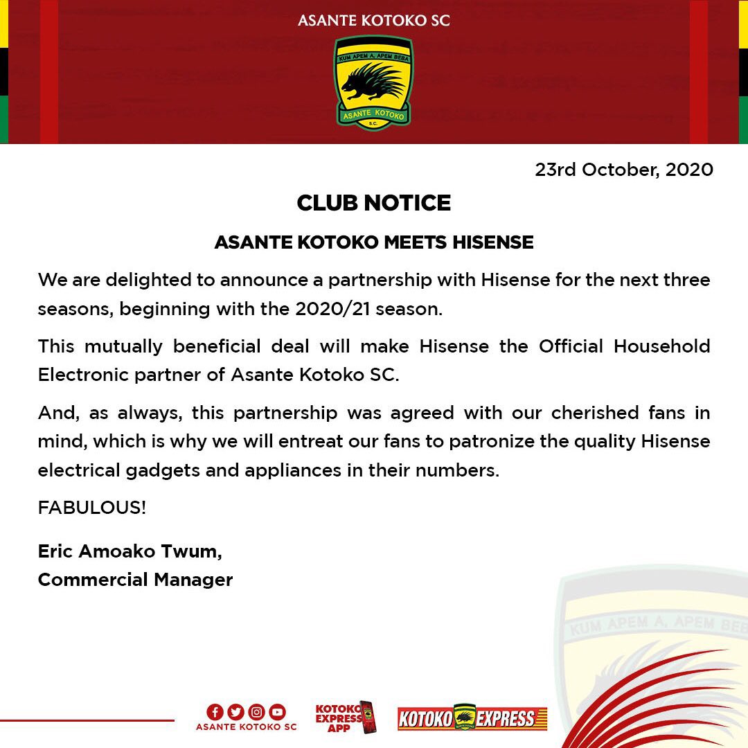 KotokoExpress's tweet photo. @AsanteKotoko_SC announce a partnership with Hisense for the next three seasons, beginning with 2020/21.
This mutually beneficial deal will make Hisense the Official Household Electronic partner of the club. https://t.co/DnCSwoTtqB