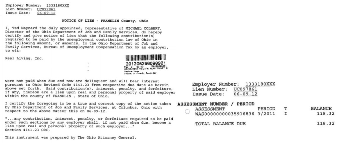 A $118.32 BES lien filed against Real Living, Inc. in June 2012.