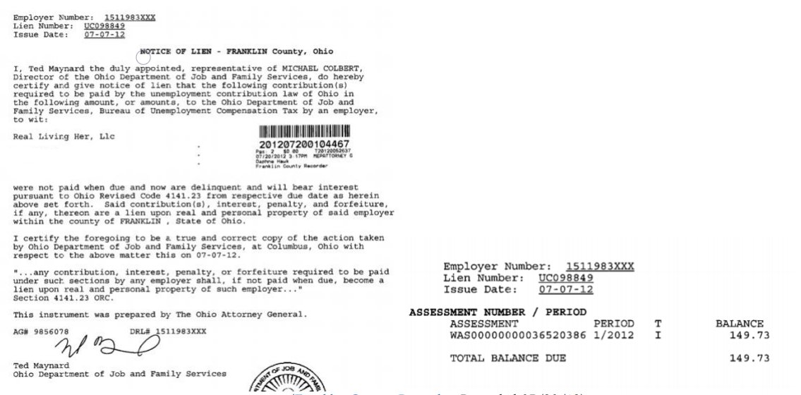 A $149.73 BES lien filed against Real Living HER, LLC in July 2012: