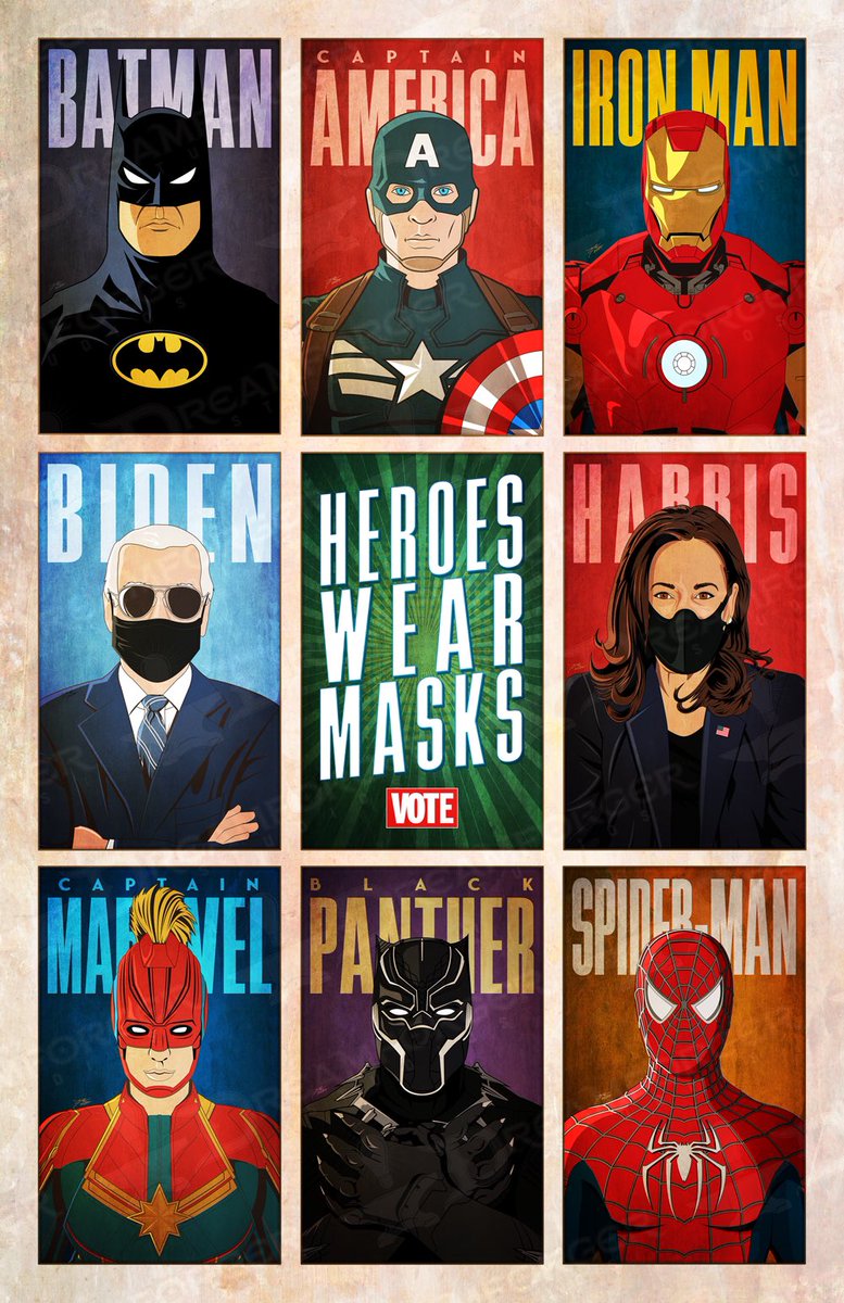 USWBat's tweet photo. Oh hello superheroes! We ❤️ these. Share, please! #HeroesWearMasks #VOTE (Credit: artist @nickkremenek.) 😷🦇🔦 #USWBatLight https://t.co/tJ2nAU3RDa