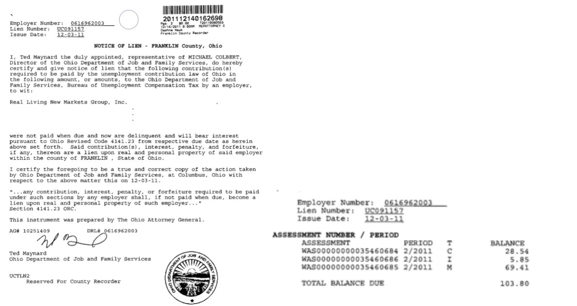 A $103.80 BES lien filed against Real Living New Markets Group in December 2011.