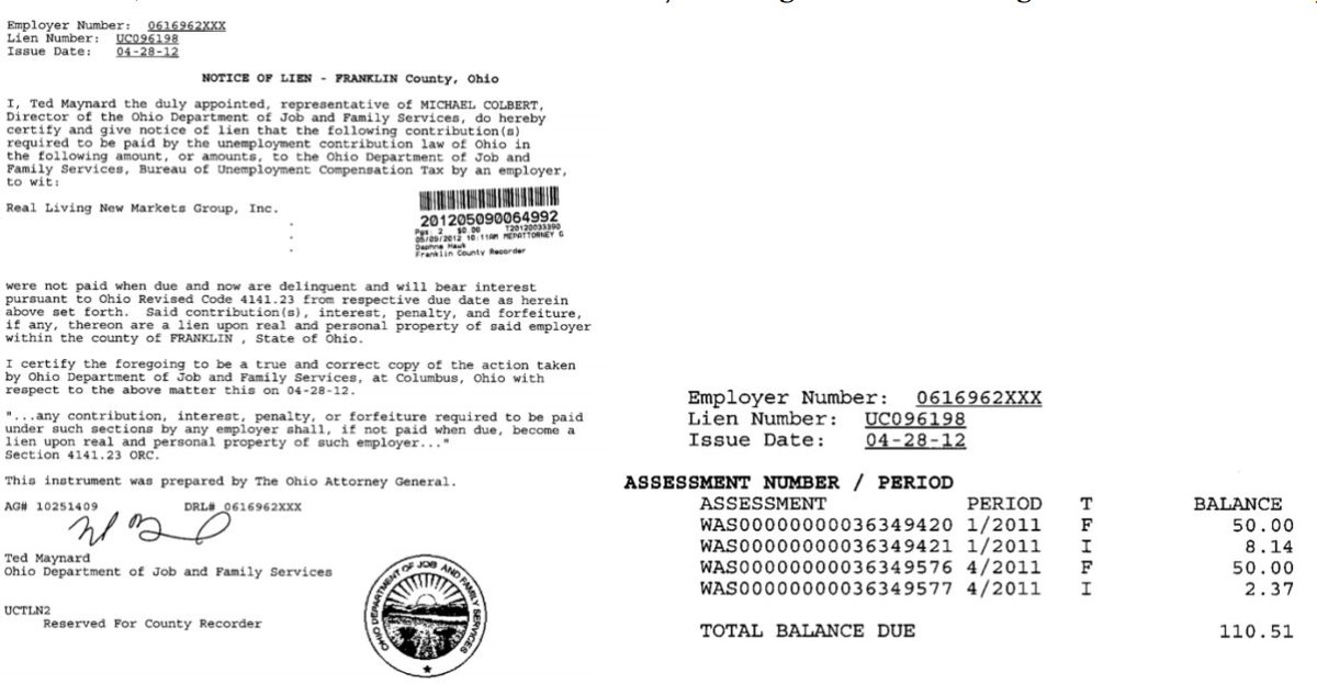 A $110.51 BES lien was recorded in May 2012 against Real Living New Markets Group.