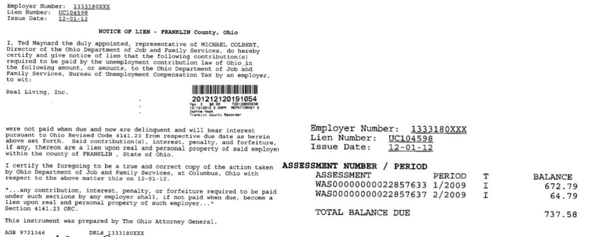 A $737.58 BES lien was filed against Real Living, Inc. in December 2012.