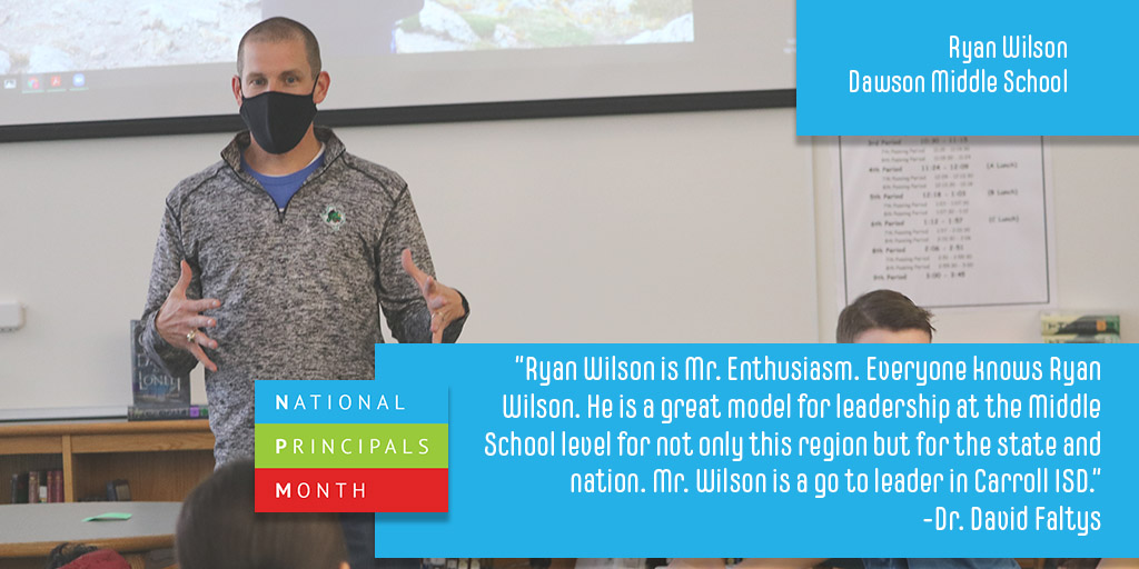 Carrollisd's tweet photo. “Ryan Wilson is Mr. Enthusiasm. Everyone knows Ryan Wilson. He is a great model for leadership at the Middle School level for not only this region but for the state and nation. Mr. Wilson is a go to leader in Carroll ISD.”

Thank you Mr. Wilson for serving DMS and Carroll ISD! https://t.co/KrFLEpo9Ok
