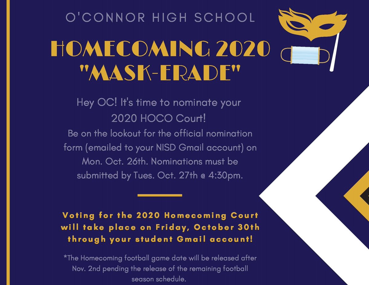O'Connor High School (@nisdoconnorhs) on Twitter photo #OCPanthers Don't miss your chance to nominate friends for HOCO Court 2020.  9th, 10th, 11th & 12th graders, check your school email Monday for the ballot that closes Tuesday at 4:30 p.m. @OC2021SENIORSZN  <a href="/OCathletics1819/">O’Connor HS Athletics</a>  <a href="/OCPantherBand/">OC Panther Band</a> <a href="/OC_DANCETEAM/">O’Connor Dance Team 🌟</a> <a href="/CheerConnor/">O'Connor Cheer</a> <a href="/ohspepsquad/">O’Connor Starduster Pep Squad</a> #OCPanthers Don't miss your chance to nominate friends for HOCO Court 2020.  9th, 10th, 11th & 12th graders, check your school email Monday for the ballot that closes Tuesday at 4:30 p.m. @OC2021SENIORSZN  <a href="/OCathletics1819/">O’Connor HS Athletics</a>  <a href="/OCPantherBand/">OC Panther Band</a> <a href="/OC_DANCETEAM/">O’Connor Dance Team 🌟</a> <a href="/CheerConnor/">O'Connor Cheer</a> <a href="/ohspepsquad/">O’Connor Starduster Pep Squad</a>