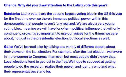 strangefound's tweet photo. ⚡️Editorial partnership alert!⚡️

Our friends @point_projects interviewed Carla's Quince, the immersive theater group working  to turn out the young Latinx vote—who also won our Election Infusion grant!

Read⟶ https://t.co/sEofdP657D https://t.co/VqWC5qAC1P