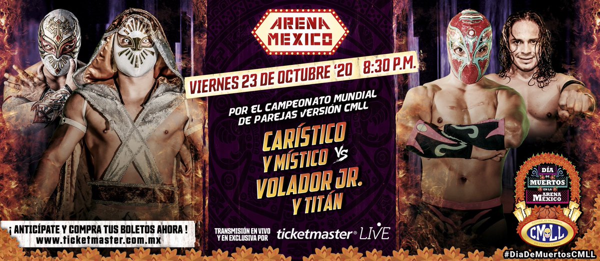 CMLL_OFICIAL's tweet photo. ✨ CAMPEONATO MUNDIAL DE PAREJAS ✨ 
Místico y Carístico vs Volador Jr. y Titán

🚨Aprovecha las últimas horas para comprar el paquete Día de Muertos que incluye los accesos para los Viernes 23 y 30 de Octubre. Ahora también disponible pago en efectivo.
🎟 https://t.co/1n4Tbme0wp https://t.co/T1EQzpKFso