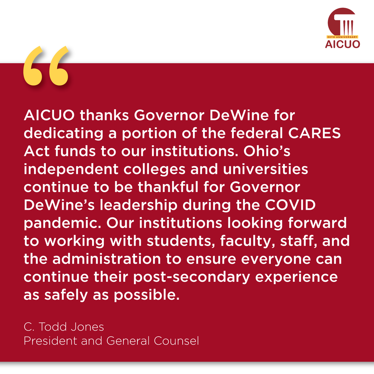 AICUOhio's tweet photo. Thank you to @GovMikeDeWine for dedicating a portion of the federal CARES Act funds to our institutions. @OhioHigherEd https://t.co/hvWWTDE8c4