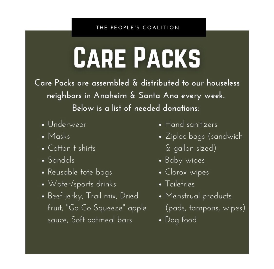 TODAY!!! Donation Drive Fri. 10/23! Support our local community in need, our houseless fam, &amp; formerly incarcerated folx! 

U can also help sustain our work around care packs &amp; solidarity packs by becoming a sustainer &amp; contributing $1.00-$200 a month: ocprotests.org/get-involved