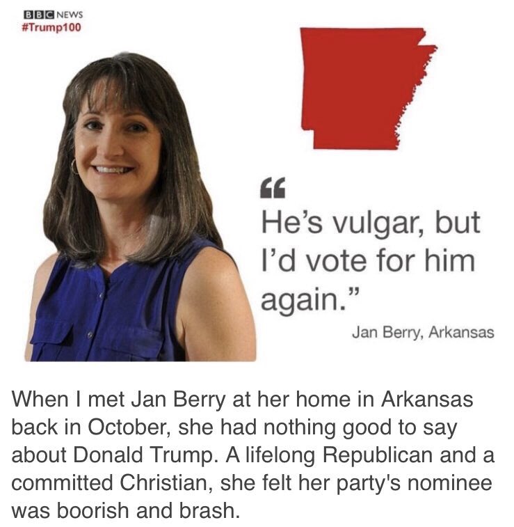Ok so this is interesting. I met Jan in Arkansas in 2016. She didn’t like him much, but felt he was the lesser of two evils. She’s voting for him again. “Honestly, it is with a very heavy heart that I will again be voting for  #Trump,” she says, citing religion as a key factor.